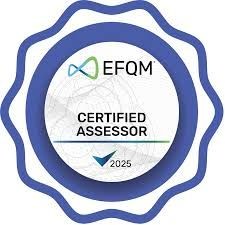 EFQM Certified Assessor 2025 badge with blue border and checkmark.